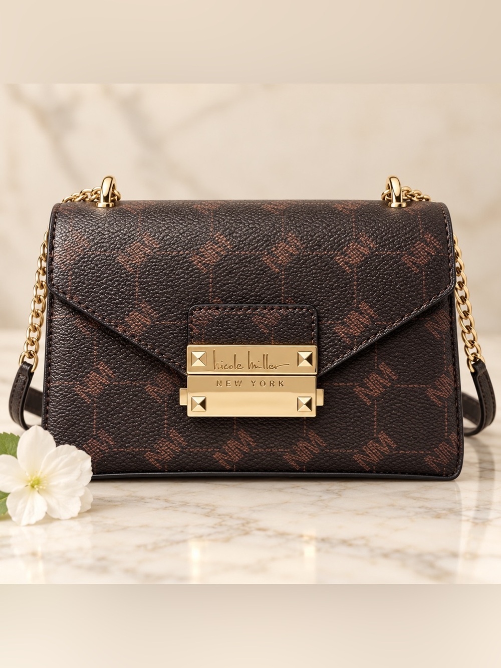 Nicole Miller Brown Monogram Crossbody Bag Gold Hardware